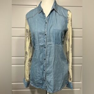 Zara Trafaluc Denim Button Down Shirt Leopard Print Sleeves Western Style Medium